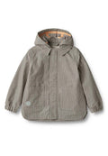 Gestreifte Kapuzenjacke in Grau und Weiß, mit elastischen Bündchen, zwei Fronttaschen und einem Logo-Patch am Saum. Texturiertes Material.