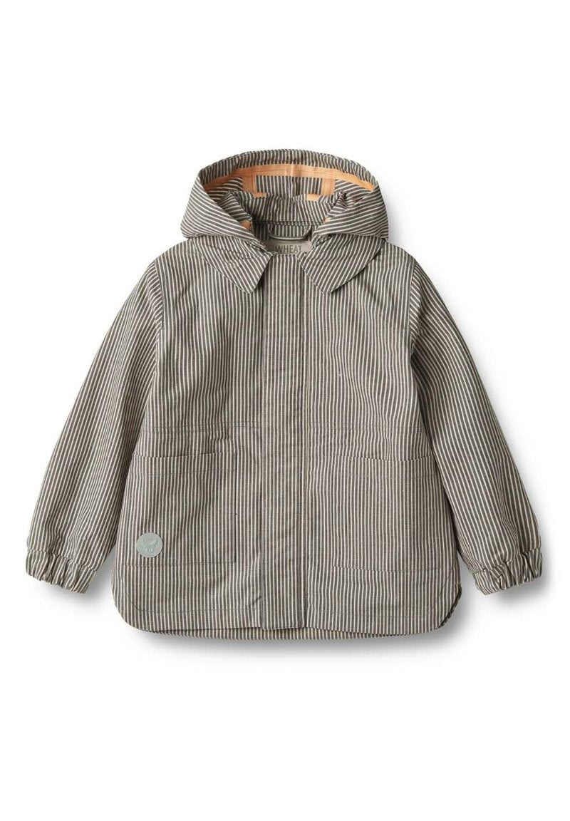 Gestreifte Kapuzenjacke in Grau und Weiß, mit elastischen Bündchen, zwei Fronttaschen und einem Logo-Patch am Saum. Texturiertes Material.