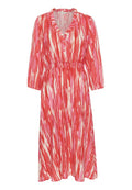 Langärmliges Kleid mit vertikalen Pinselstrichmustern in Rot, Pink und Weiß, V-Ausschnitt mit Knöpfen, elastischem Bund und Rüsche am Kragen.