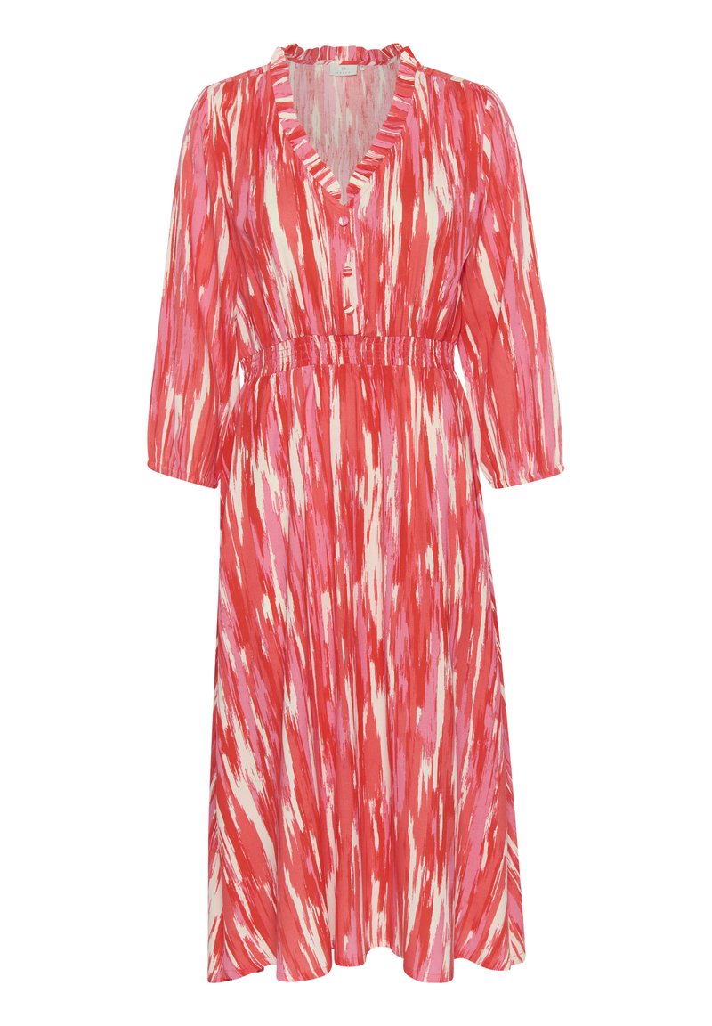 Langärmliges Kleid mit vertikalen Pinselstrichmustern in Rot, Pink und Weiß, V-Ausschnitt mit Knöpfen, elastischem Bund und Rüsche am Kragen.