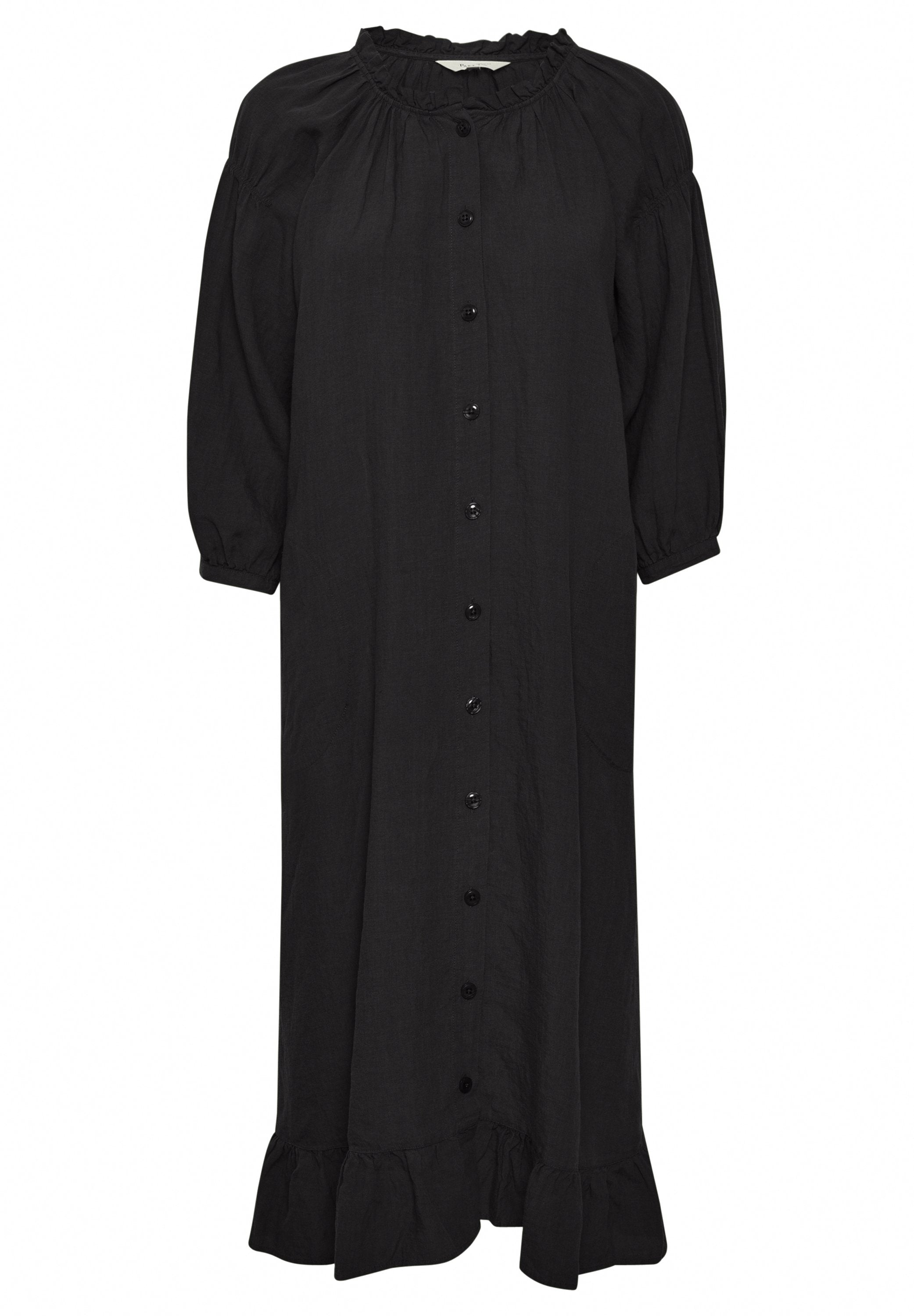 Schwarzes Leinenkleid mit einem Rüschenausschnitt, drei Viertelärmeln, einer durchgehenden Knopfleiste und einem ausgestellten Saum mit Rüsche.