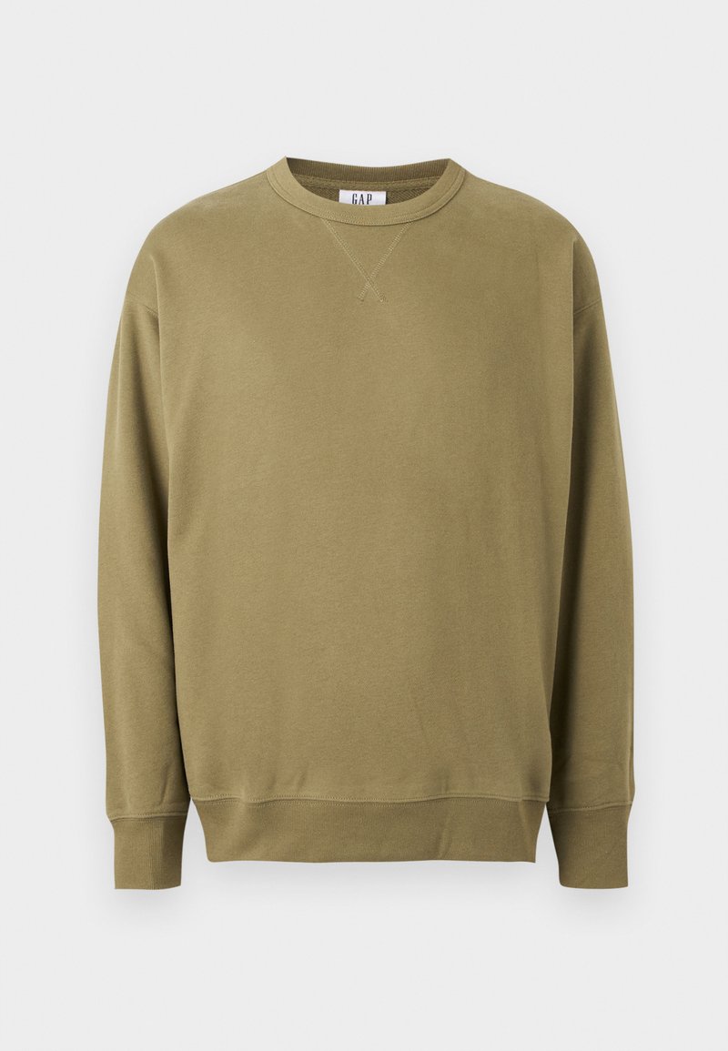 Olivgrünes Sweatshirt mit Rundhalsausschnitt und langen Ärmeln, mit gerippten Bündchen und Saum, versehen mit einem kleinen gestickten "X"-Detail unterhalb des Halsausschnitts.