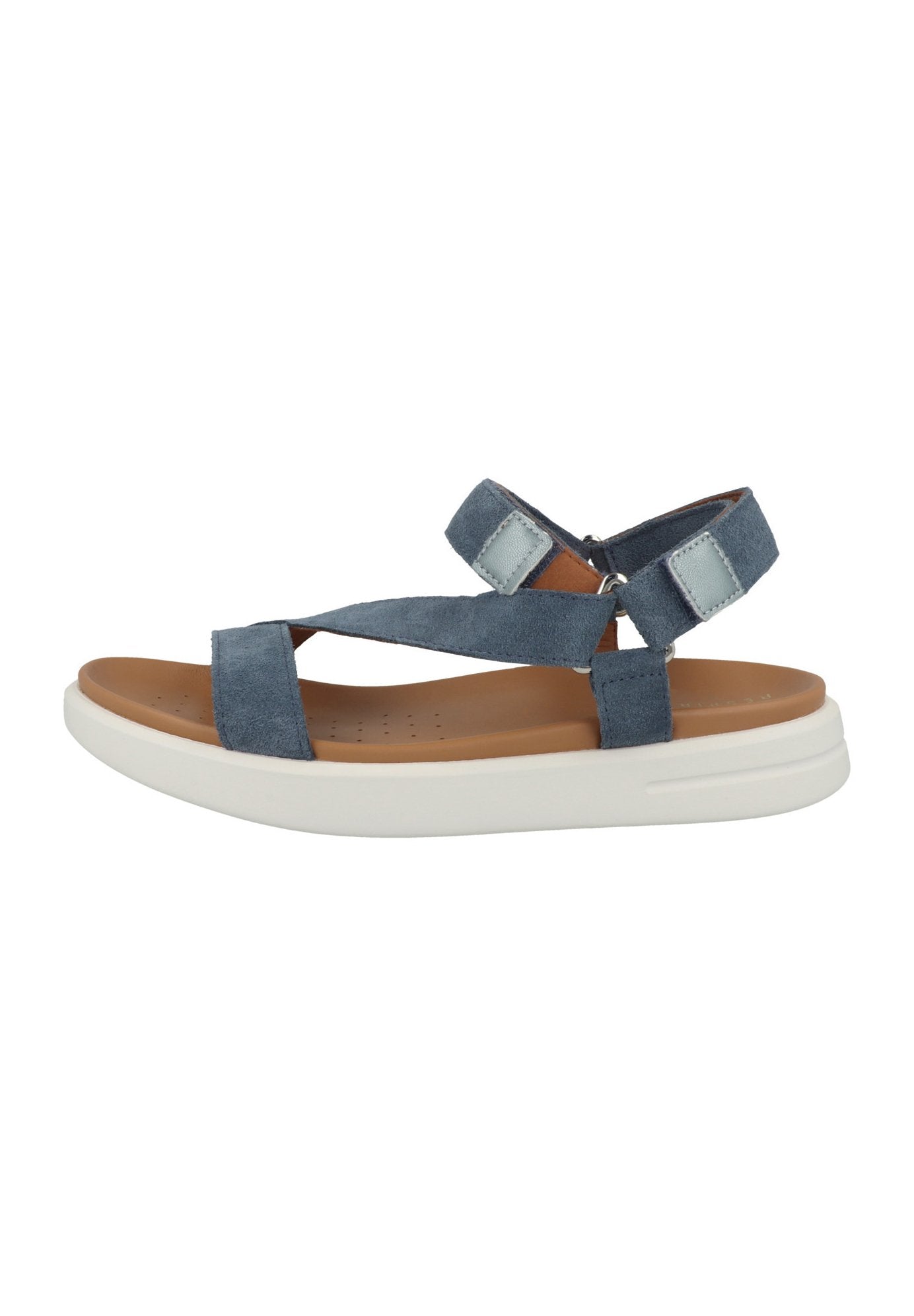 Blaue Wildledersandalen mit Kreuzriemen, verstellbarem Knöchelriemen und einer weißen, gepolsterten Sohle. Verfügt über eine strukturierte Innensohle mit Perforationen.