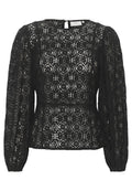Schwarze Spitzenbluse mit floralem Muster, langen puffärmeligen Ärmeln, runder Halslinie und schlüssellochförmigem Rückenverschluss mit einem Knopf.