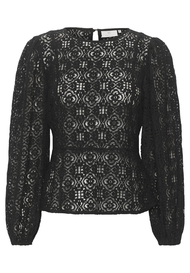 Schwarze Spitzenbluse mit floralem Muster, langen puffärmeligen Ärmeln, runder Halslinie und schlüssellochförmigem Rückenverschluss mit einem Knopf.