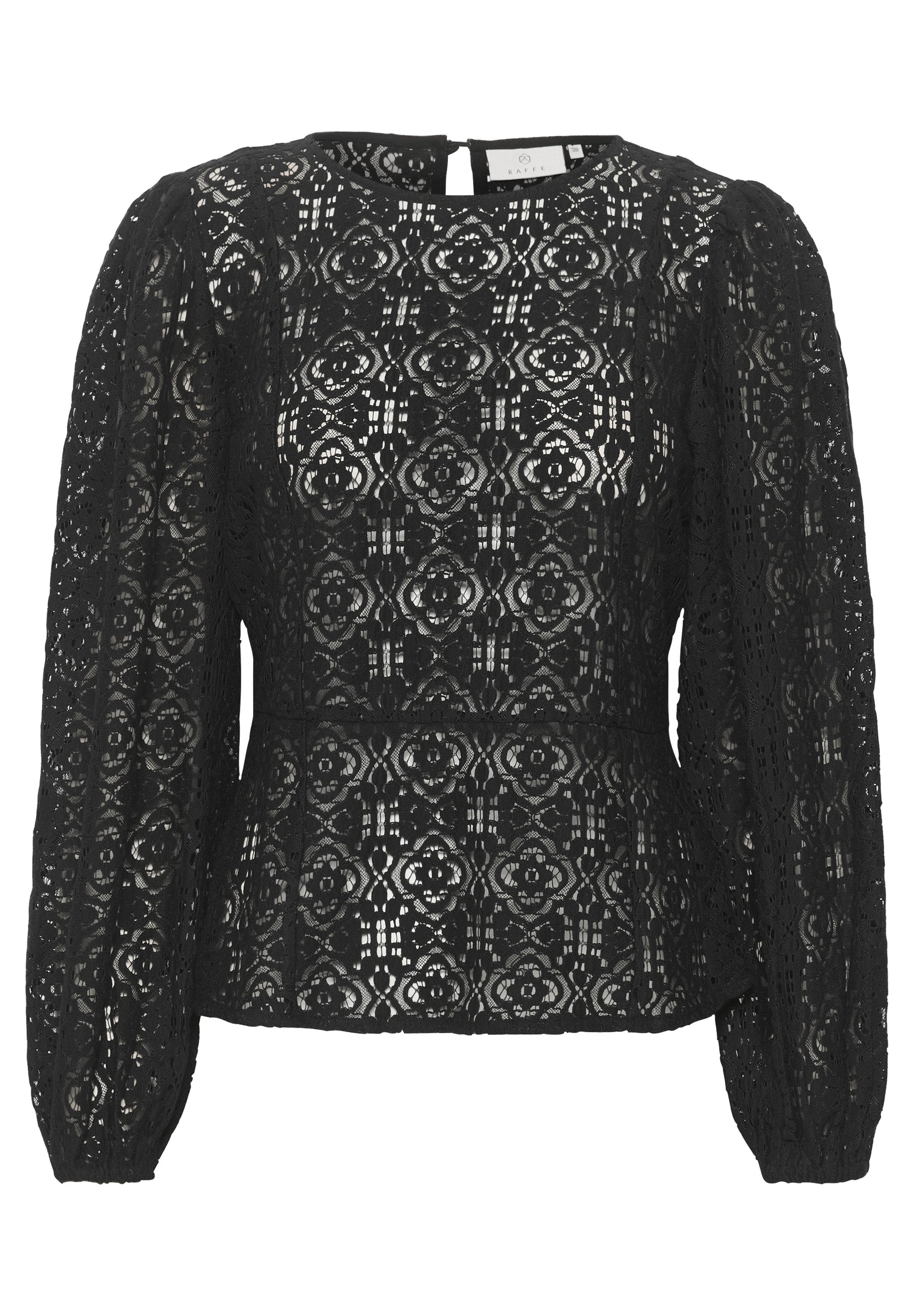 Schwarze Spitzenbluse mit floralem Muster, langen puffärmeligen Ärmeln, runder Halslinie und schlüssellochförmigem Rückenverschluss mit einem Knopf.
