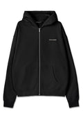 Schwarze Zip-Hoodie aus Baumwolle mit einer Fronttasche, gerippten Bündchen und dem Wort "PEGADOR" in Silber auf der Brust aufgedruckt.