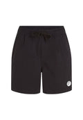 Schwarz Badehosen aus leichtem Stoff, mit einem elastischen Bund und Kordelzug sowie einem kleinen Logopatch unten rechts.