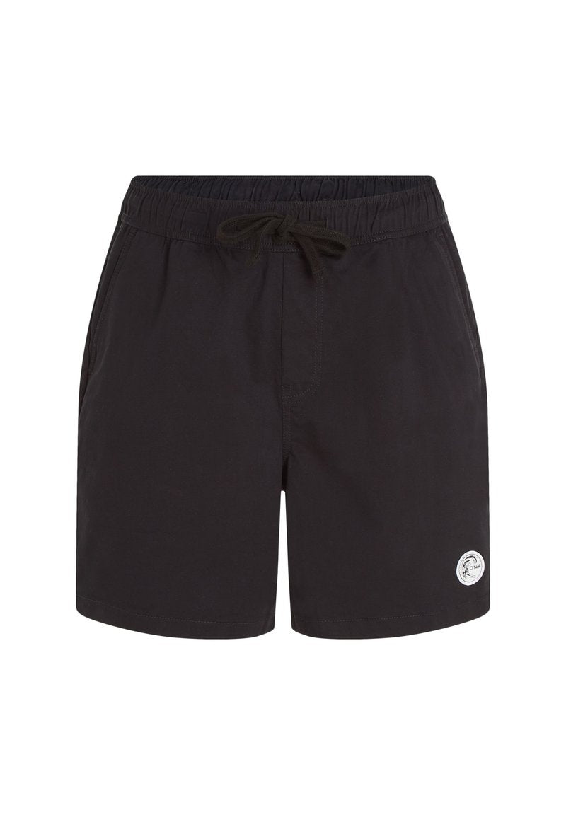 Schwarz Badehosen aus leichtem Stoff, mit einem elastischen Bund und Kordelzug sowie einem kleinen Logopatch unten rechts.