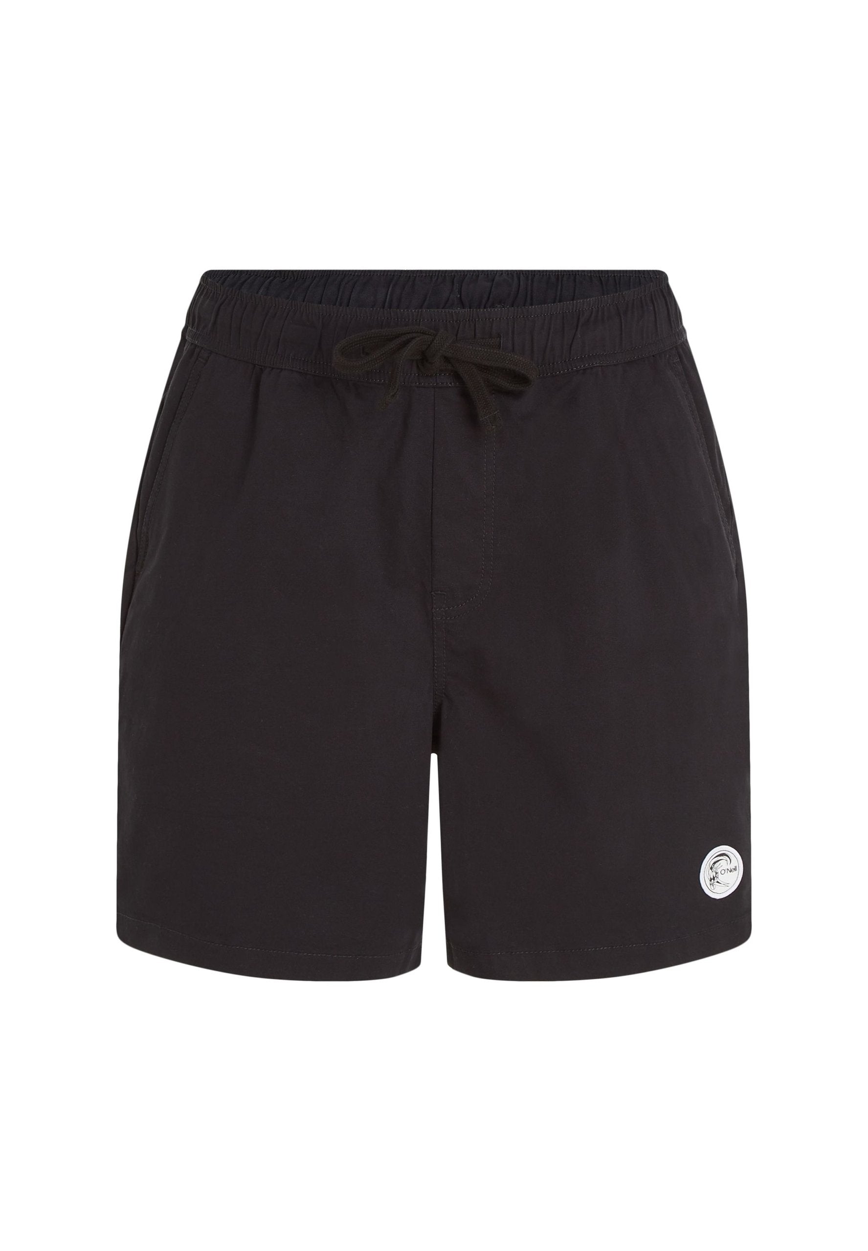 Schwarz Badehosen aus leichtem Stoff, mit einem elastischen Bund und Kordelzug sowie einem kleinen Logopatch unten rechts.