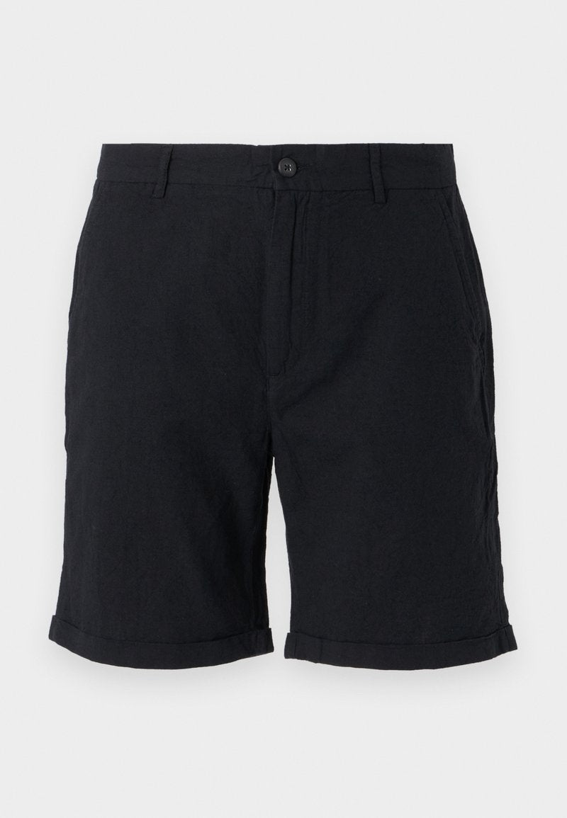 Schwarze Leinen-Shorts mit Knopfverschluss, mit umgeschlagenen Säumen und Seitentaschen, bieten eine strukturierte Optik und einen lässigen Stil.
