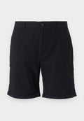 Schwarze Leinen-Shorts mit Knopfverschluss, mit umgeschlagenen Säumen und Seitentaschen, bieten eine strukturierte Optik und einen lässigen Stil.