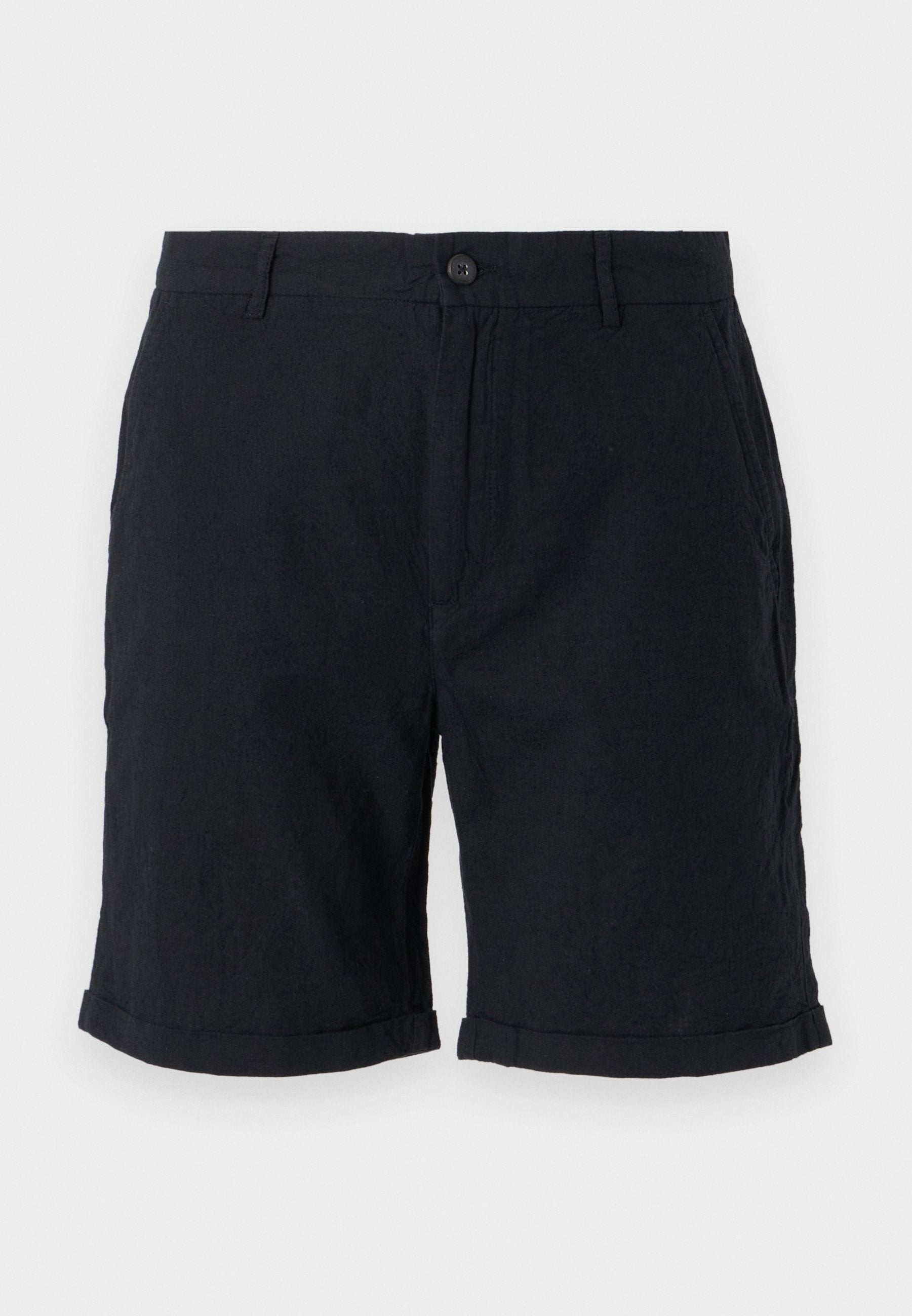 Schwarze Leinen-Shorts mit Knopfverschluss, mit umgeschlagenen Säumen und Seitentaschen, bieten eine strukturierte Optik und einen lässigen Stil.