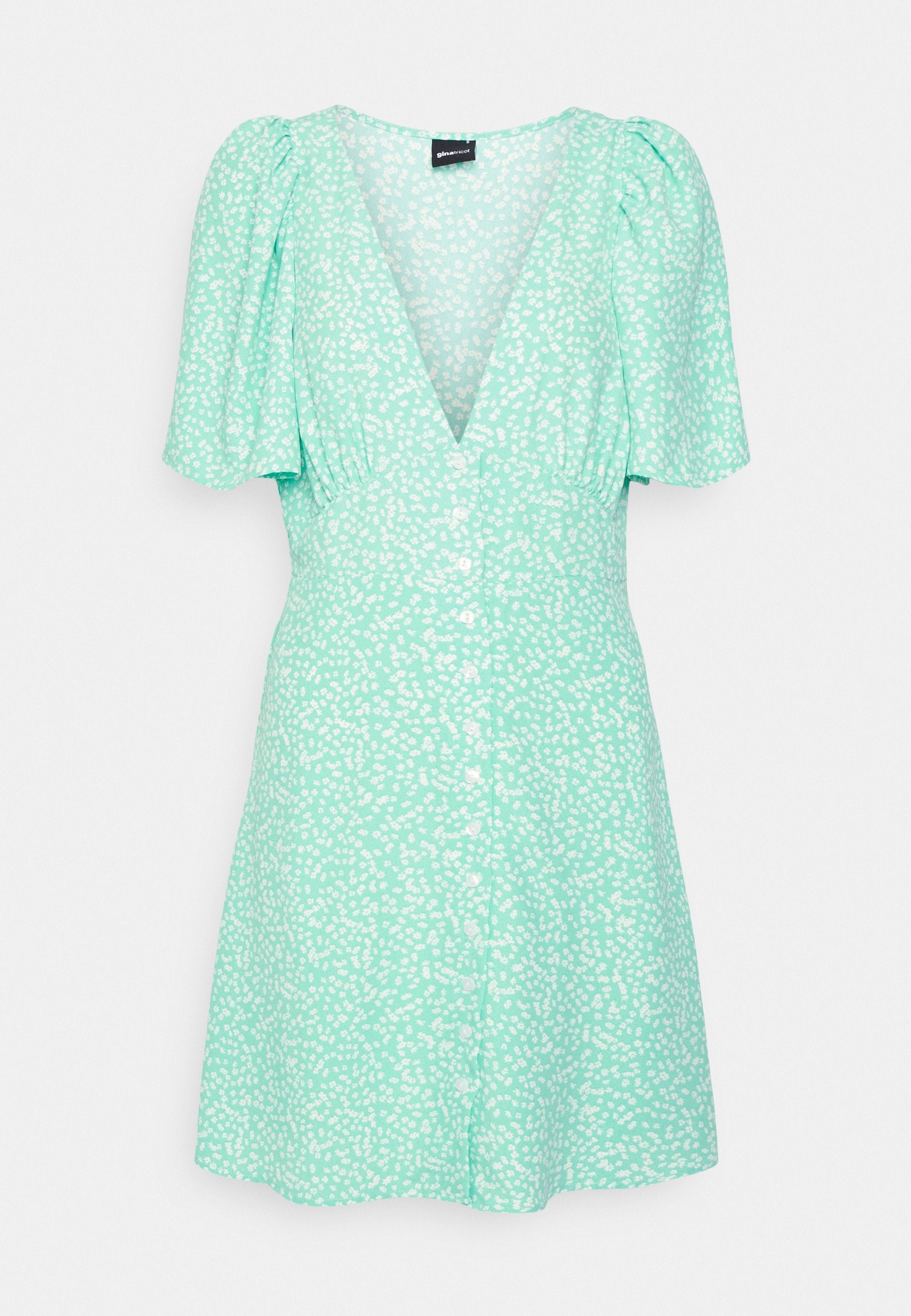 Mintgrünes Kleid mit V-Ausschnitt, kurzen Puffärmeln und durchgehender Knopfleiste. Es weist ein strukturiertes weißes Muster auf.