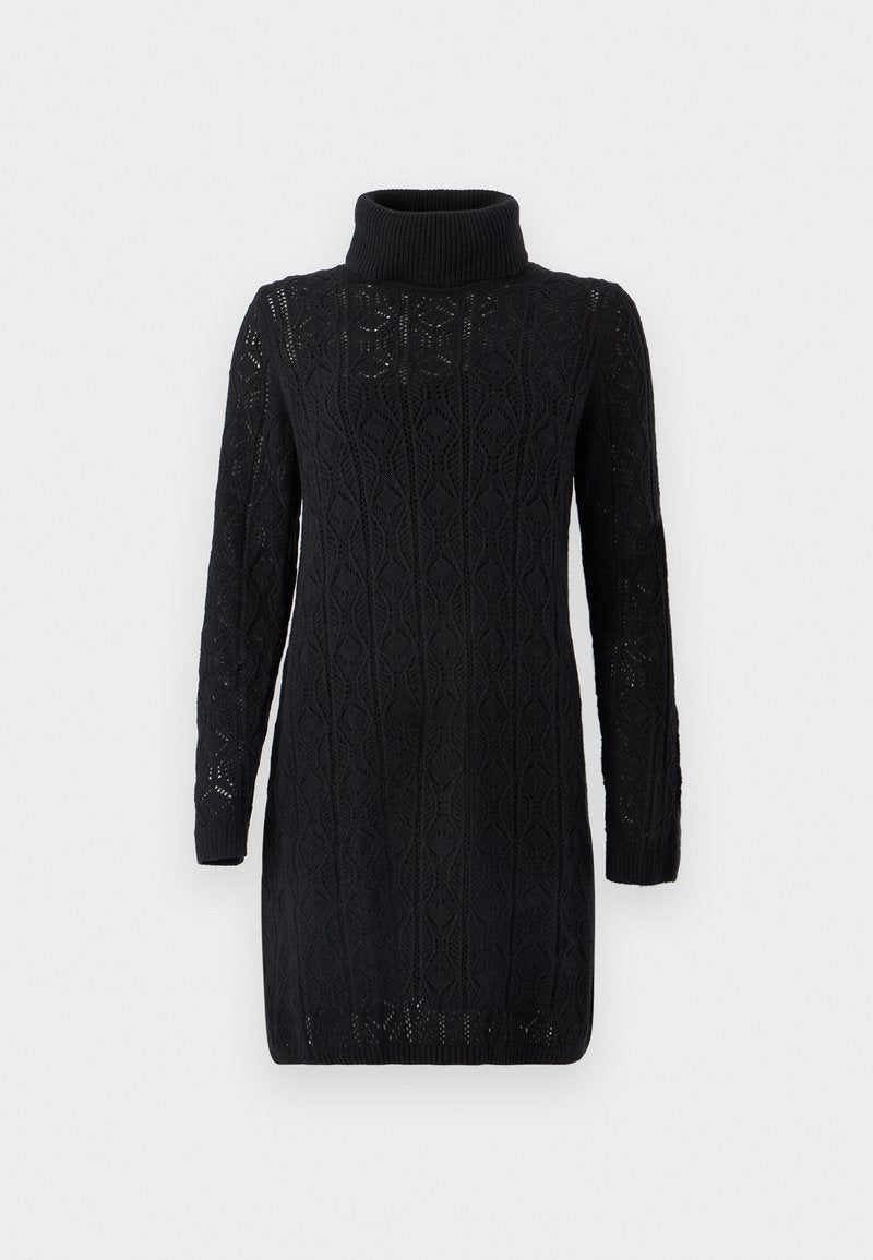 Schwarzes Strickkleid mit hohem Rollkragen, langen Ärmeln und einem kunstvollen Rautenmuster; ausgestattet mit gerippten Bündchen und Saum.
