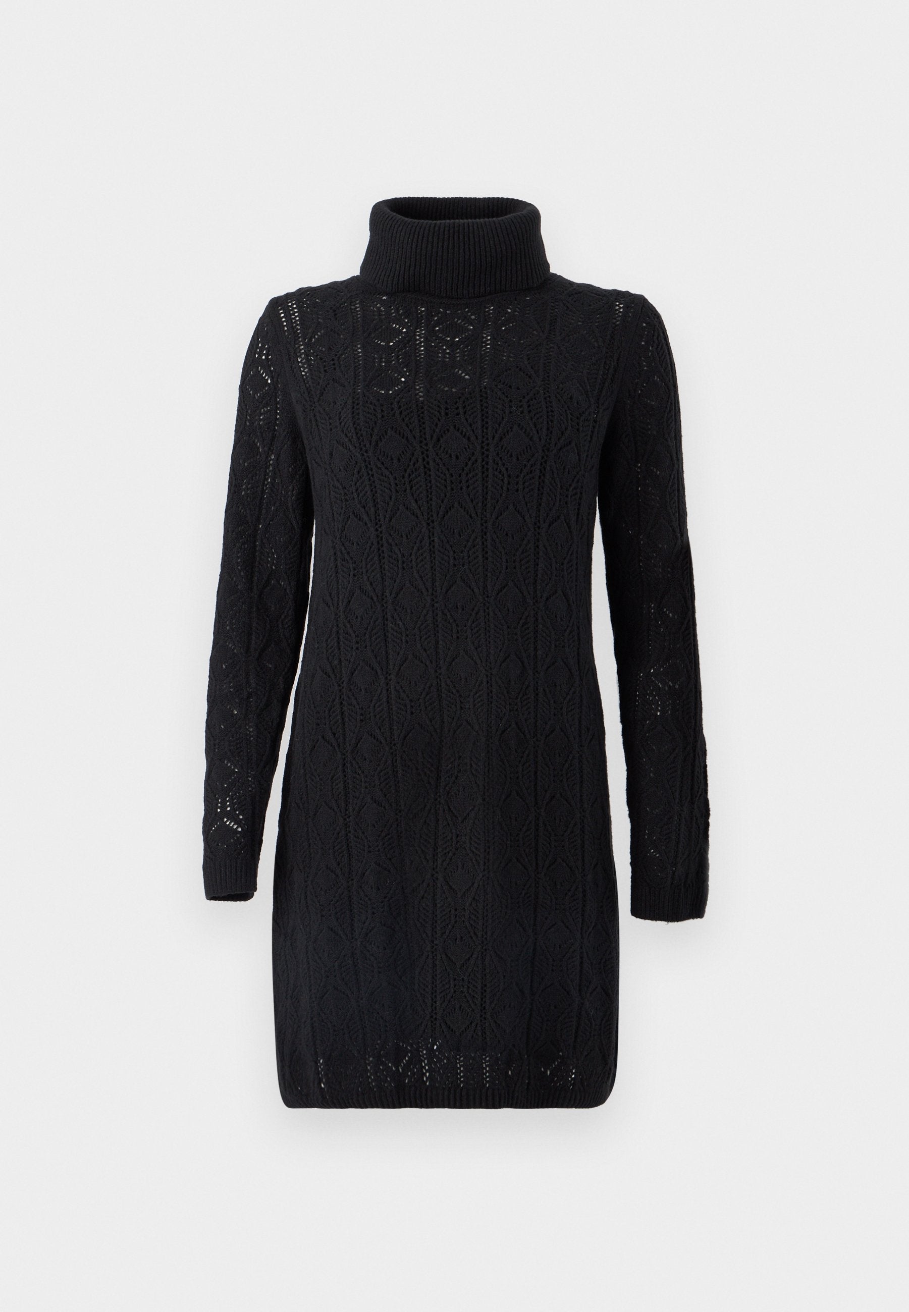 Schwarzes Strickkleid mit hohem Rollkragen, langen Ärmeln und einem kunstvollen Rautenmuster; ausgestattet mit gerippten Bündchen und Saum.