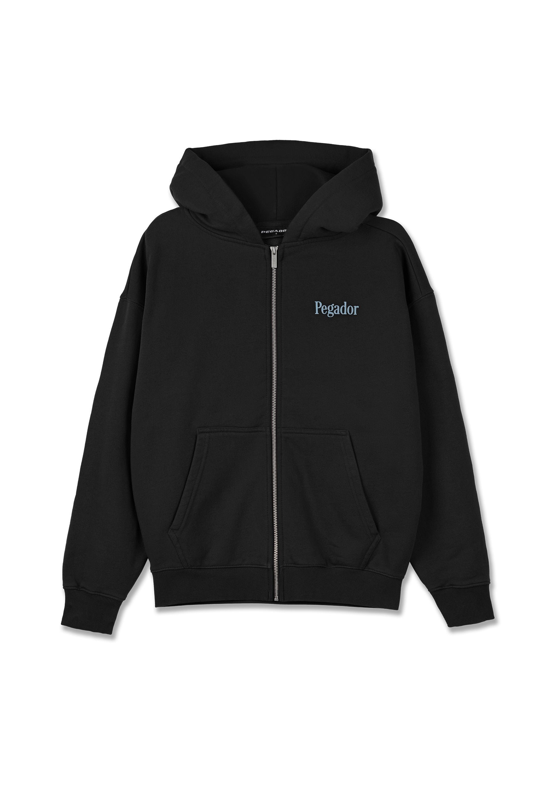 Schwarze Zip-Hoodie aus Baumwollmischung, mit einer Kängurutasche und blauem "Pegador"-Logo auf der linken Brust. Verstellbare Kapuze mit Kordelzug.