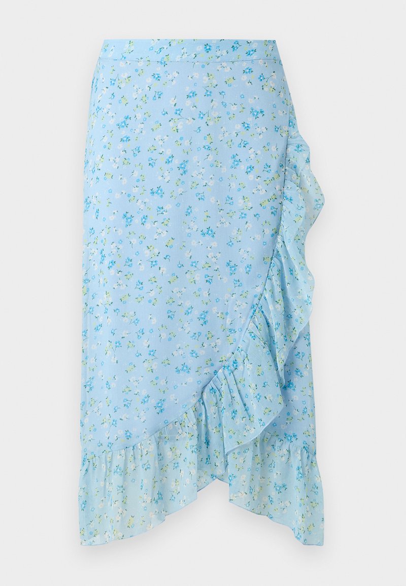 Hellblauer Wickelrock mit kleinem weißem und grünem Blumenmuster, asymmetrisch gerüschter Saum entlang der Seite und unteren Kante.