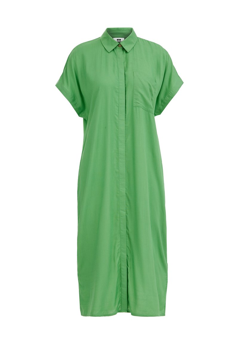 Grünes Hemdkleid aus leichtem Stoff, mit einem Kragen, kurzen Ärmeln, einer vorderen Tasche und einer geraden Silhouette.