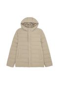 Beige gestepptes Puffer-Jacke mit Kapuze und Seitentaschen, Frontreißverschluss, der durch eine Klappe verdeckt ist, entworfen für kaltes Wetter.