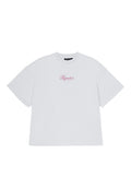 Weißes Baumwoll-T-Shirt in lockerer Passform mit kurzen Ärmeln und einem pinken, gestickten "Pegador"-Schriftzug auf der Brust.