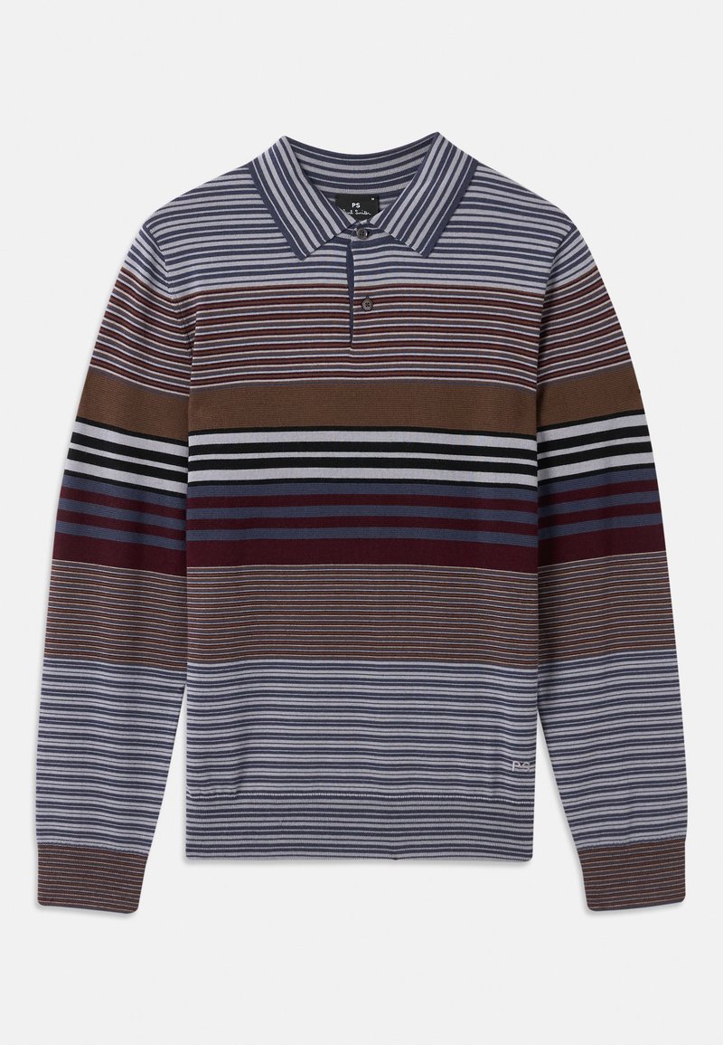 Langarm-Pullover in wechselnden Streifen in Blau, Braun und Maroon, mit Kragen und einem einzigen Knopfverschluss. Strukturiertes Strickgewebe.