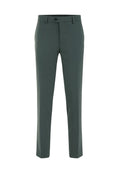 Maßgeschneiderte Hose aus dunkelgrünem Stoff mit flachem Vorderteil, slim fit, und einem einzelnen Knopfverschluss sowie seitlichen Taschen. Glatte Textur.