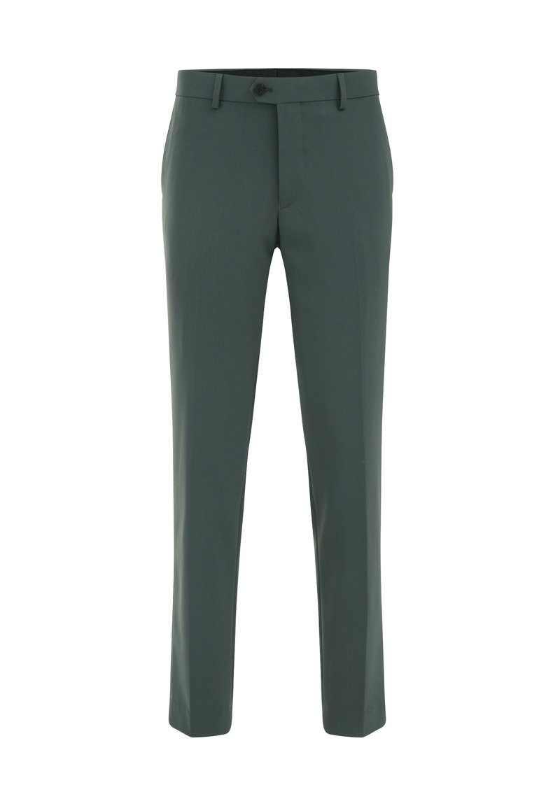 Maßgeschneiderte Hose aus dunkelgrünem Stoff mit flachem Vorderteil, slim fit, und einem einzelnen Knopfverschluss sowie seitlichen Taschen. Glatte Textur.