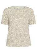 Beige T-Shirt mit floralem Druck und kurzen Ärmeln, Rundhalsausschnitt und einem weichen, leichten Stoff mit einer dezenten Textur.