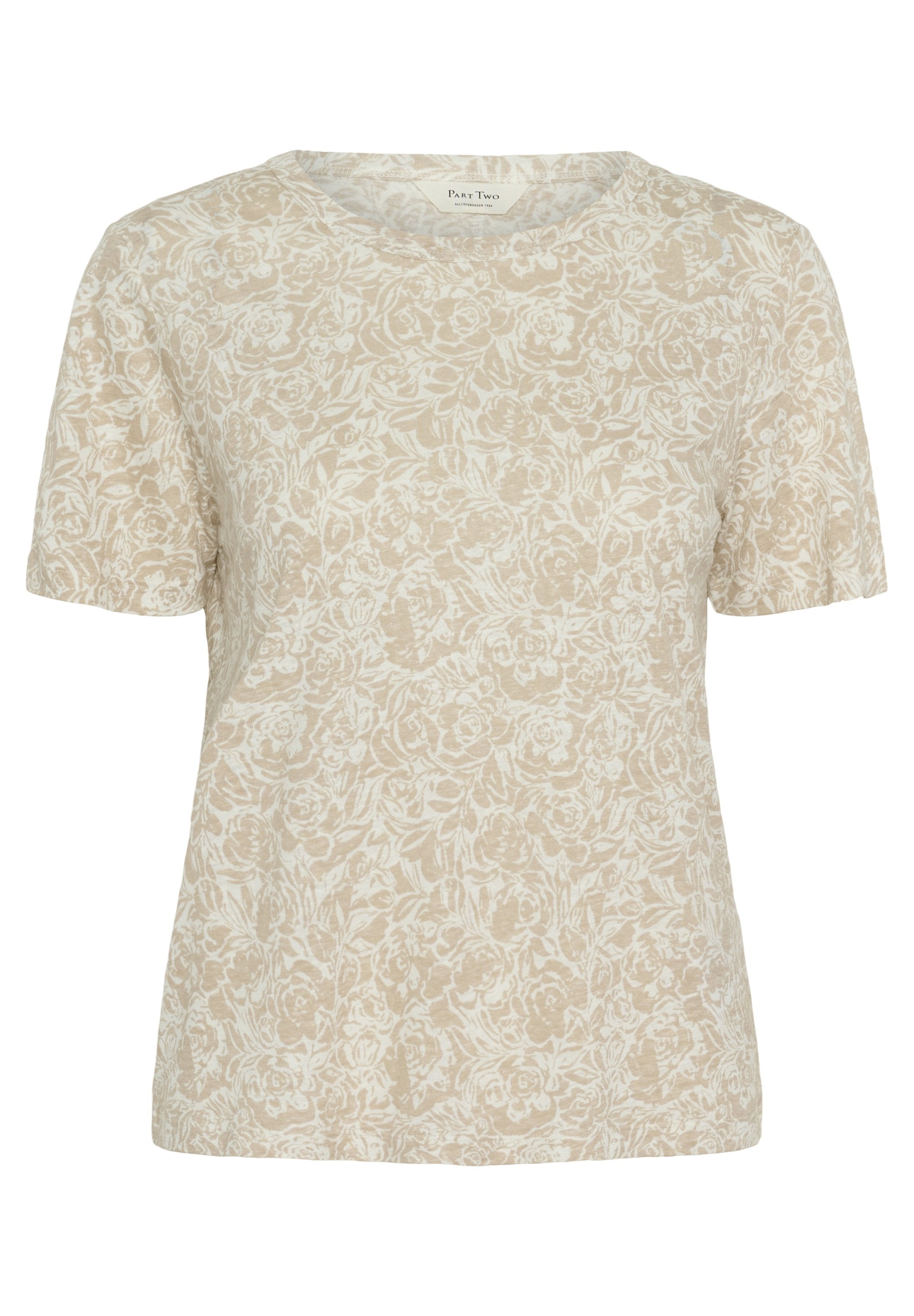 Beige T-Shirt mit floralem Druck und kurzen Ärmeln, Rundhalsausschnitt und einem weichen, leichten Stoff mit einer dezenten Textur.