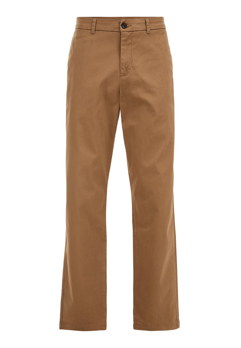 Braune Baumwollhose mit geradem Schnitt, ausgestattet mit einem einzigen Knopfverschluss und klassischen Taschen, glatter Textur und sauberem Saum.