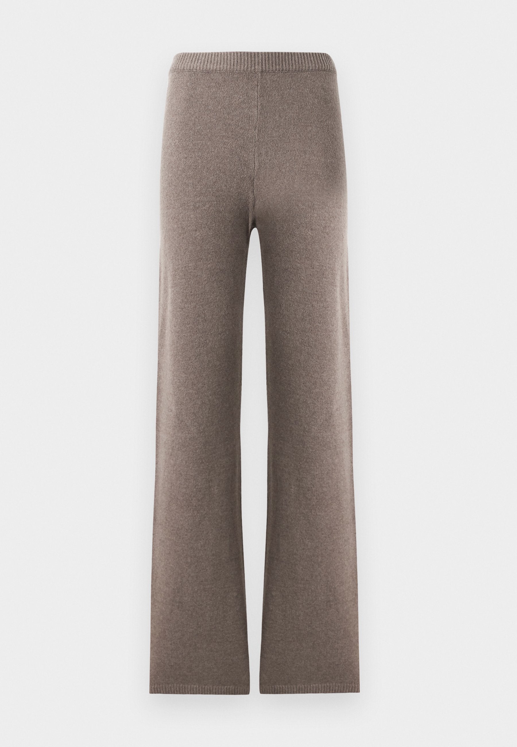 Braune, weite Hosen aus weichem Stoff. Mit einem gerippten, elastischen Bund und gerader Silhouette, ohne Taschen oder bemerkenswerte Akzente.