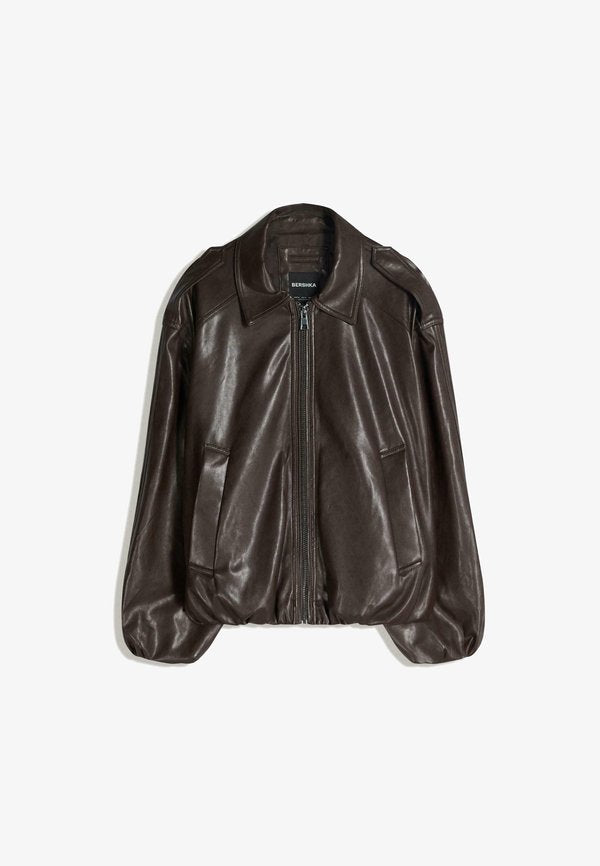 Bershka BALLOON - Faux leather jacket - dark brown