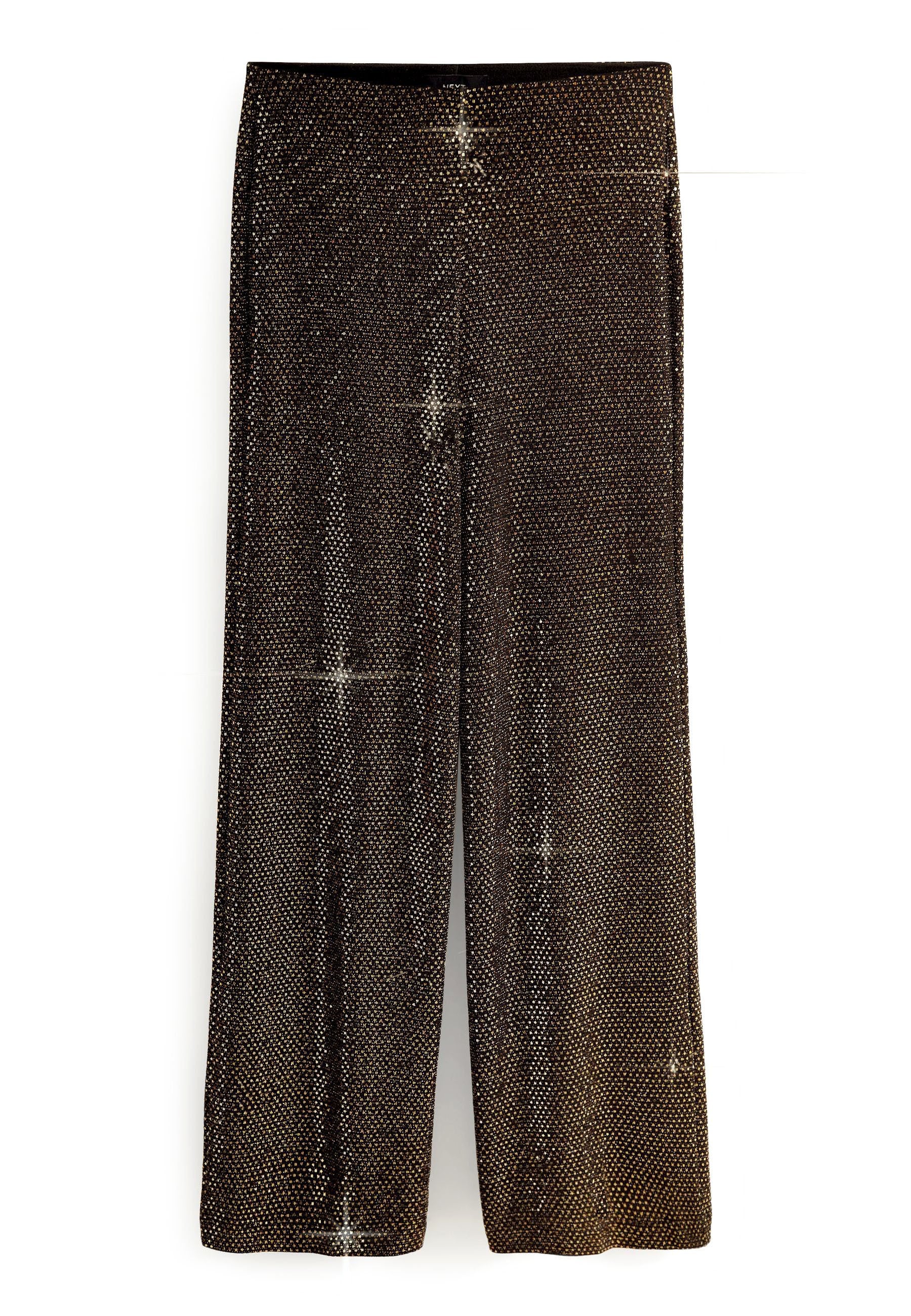 Schwarze, mit Pailletten besetzte, weite Hose mit hohem Bund und schimmernder Textur; für einen lockeren Sitz konzipiert. Verfügt über einen funkelnden Effekt über die gesamte Fläche.