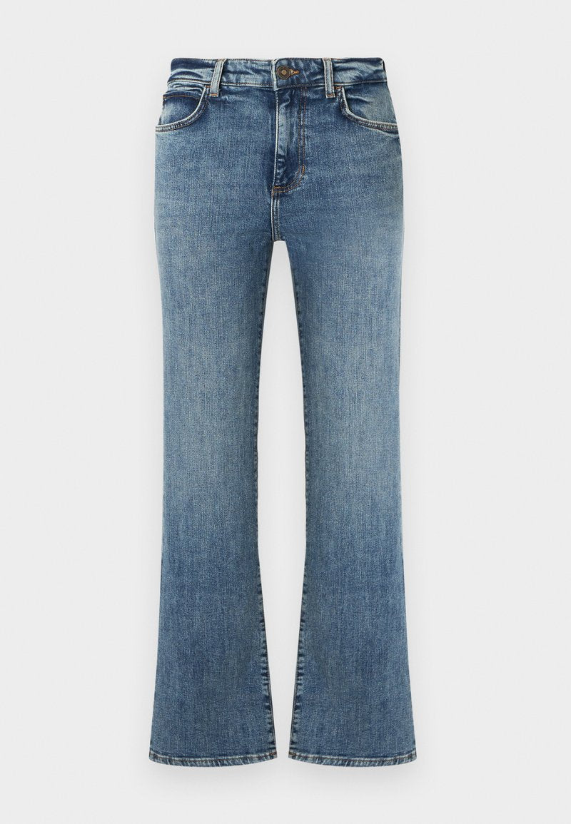 Blaue Jeans aus Denim mit hoher Taille, Knopf- und Reißverschluss, Vorderentaschen und leicht ausgestellten Beinen.