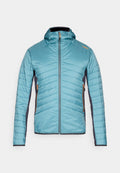 Hellblaue gesteppte Jacke mit Kapuze, Frontreißverschluss, schwarzen Seitenpaneelen und orangenen Reißverschlusslaschen an Taschen und Brustlogo.