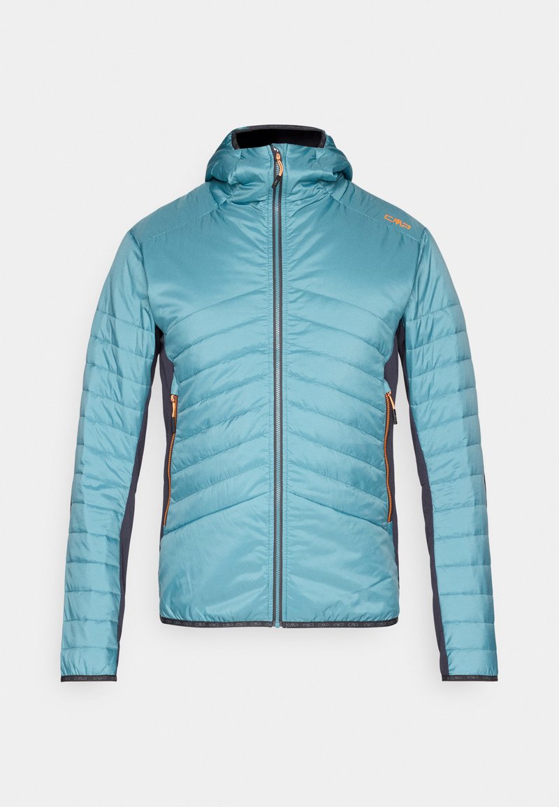 Hellblaue gesteppte Jacke mit Kapuze, Frontreißverschluss, schwarzen Seitenpaneelen und orangenen Reißverschlusslaschen an Taschen und Brustlogo.