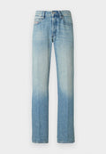 Hellblaue Jeans aus Denim mit geradem Bein, verwaschenem Finish, fünf Taschen und Knopfverschluss. Strapazierfähiger Stoff mit sichtbaren Nähten.