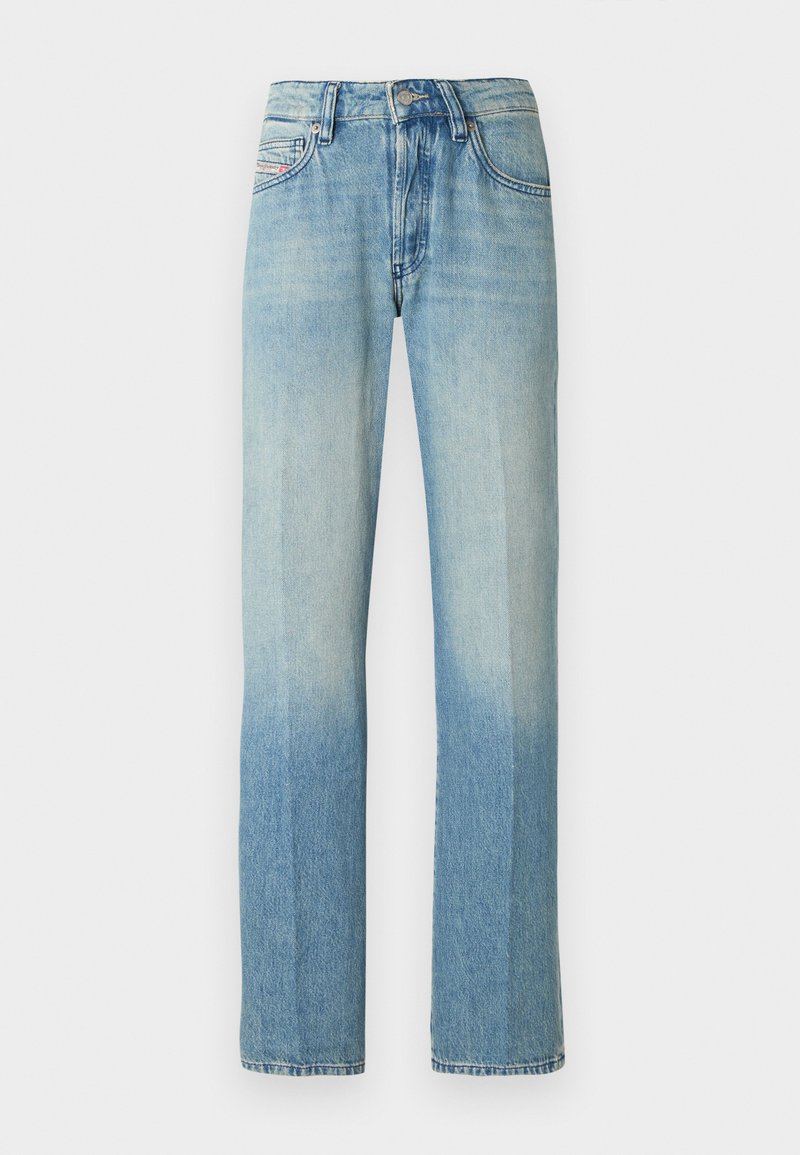 Hellblaue Jeans aus Denim mit geradem Bein, verwaschenem Finish, fünf Taschen und Knopfverschluss. Strapazierfähiger Stoff mit sichtbaren Nähten.
