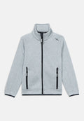 Hellgraue Fleecejacke mit durchgehendem Reißverschluss, Stehkragen, zwei schwarzen Reißverschlusstaschen an den Seiten und schwarzem Besatz an Bündchen und Saum.