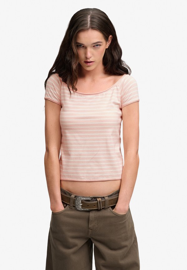 Superdry & Co SUPERDRY BARDOT SHORT SLEEVE OFF SHOULDER - Print T-shirt - rose blush pink stripe