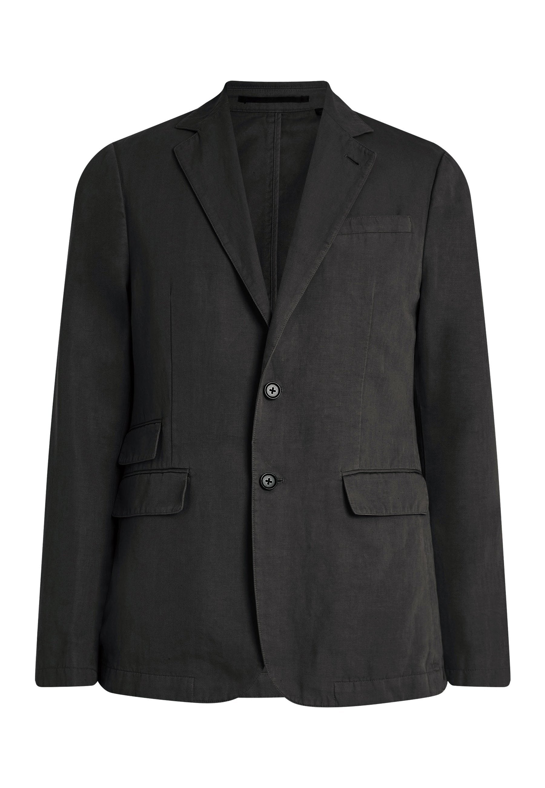 Schwarzer Leinenblazer mit einem einreihigen Design, zwei Vorderaschen und drei Knöpfen. Verfügt über einen Reverskragen und eine strukturierte Silhouette.