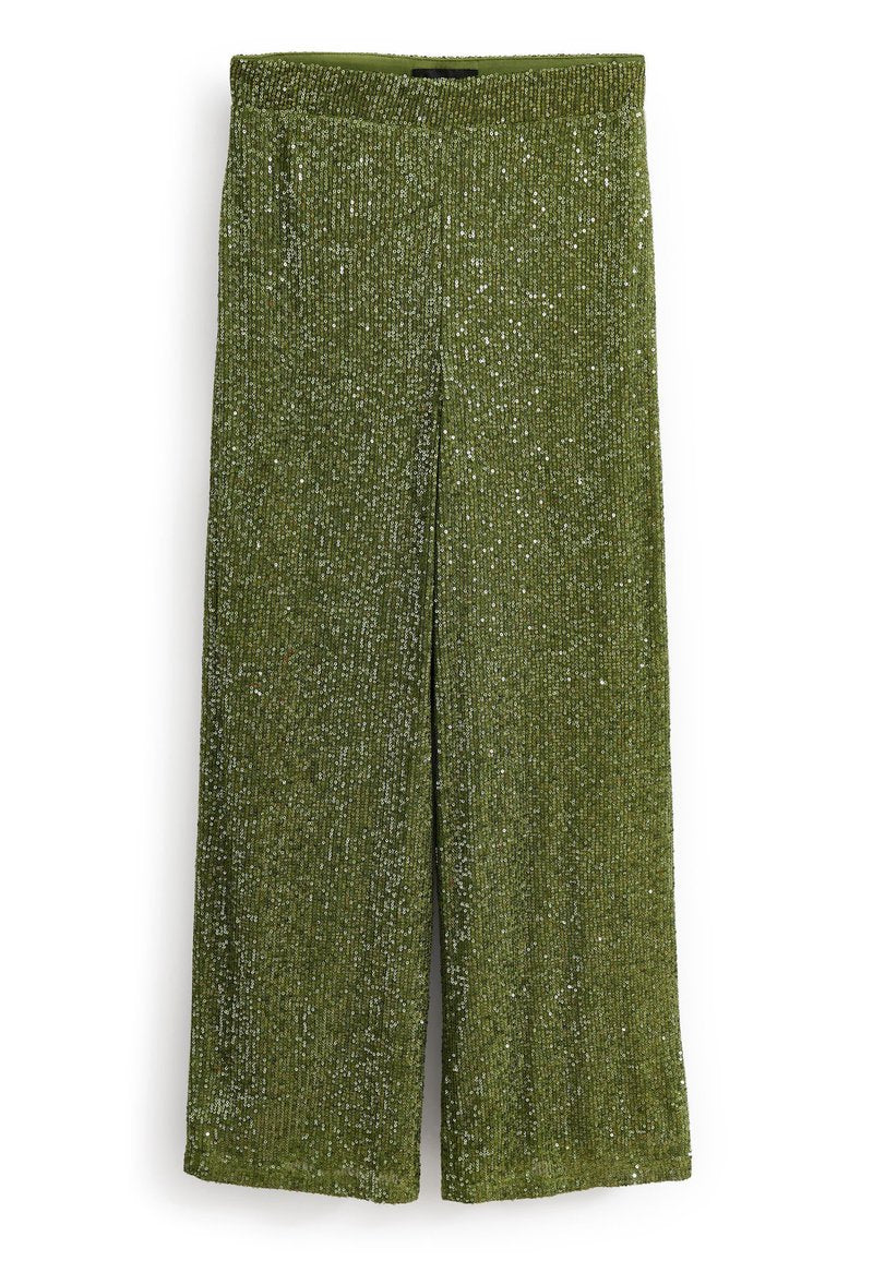Grüne weite Hosen mit einem elastischen Bund, die über eine gerippte Textur und silberne Paillettenverzierungen verfügen.