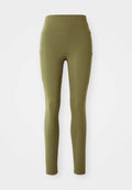 Olivenfarbene High-Waist-Leggings mit Seitentaschen und Nahtdetails, flach auf einem weißen Hintergrund präsentiert.