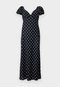 Navyblaues Kleid mit weißen Punkten. Verfügt über Puffärmel und einen V-Ausschnitt, hergestellt aus einem glatten Stoff. Ausgestellte Silhouette bis zur Knöchellänge.