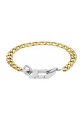 Armband aus goldfarbener Kette mit miteinander verbundenen ovalen Gliedern, ausgestattet mit einem silberfarbenen Verschluss und Verbinder, die kontrastierende metallische Oberflächen betonen.