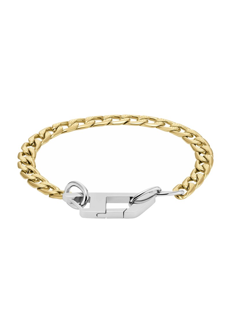 Armband aus goldfarbener Kette mit miteinander verbundenen ovalen Gliedern, ausgestattet mit einem silberfarbenen Verschluss und Verbinder, die kontrastierende metallische Oberflächen betonen.