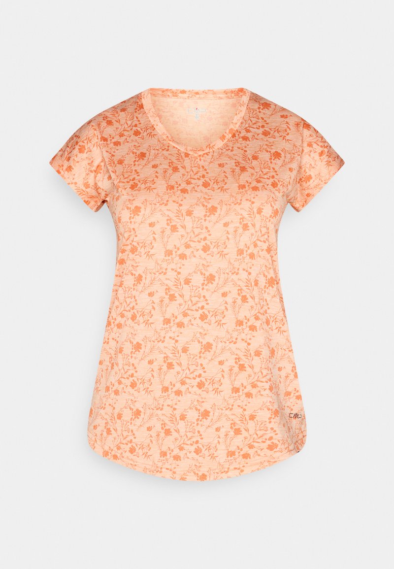 Hellorange T-Shirt mit kurzen Ärmeln, dunklerem orangefarbenen Blumenmuster, rundem Ausschnitt, geschwungenem Saum und kleinem Logo nahe am unteren Saum.
