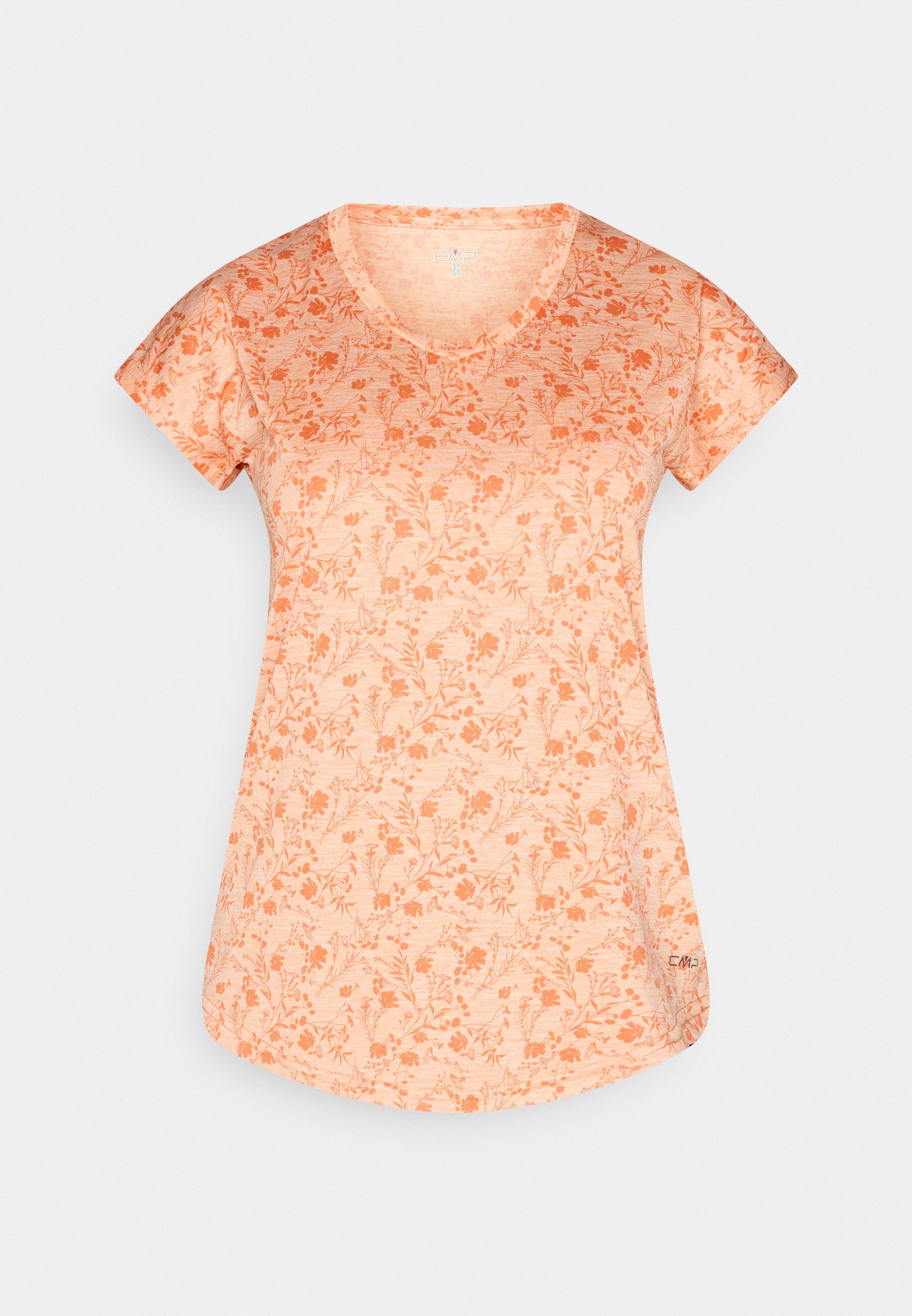 Hellorange T-Shirt mit kurzen Ärmeln, dunklerem orangefarbenen Blumenmuster, rundem Ausschnitt, geschwungenem Saum und kleinem Logo nahe am unteren Saum.