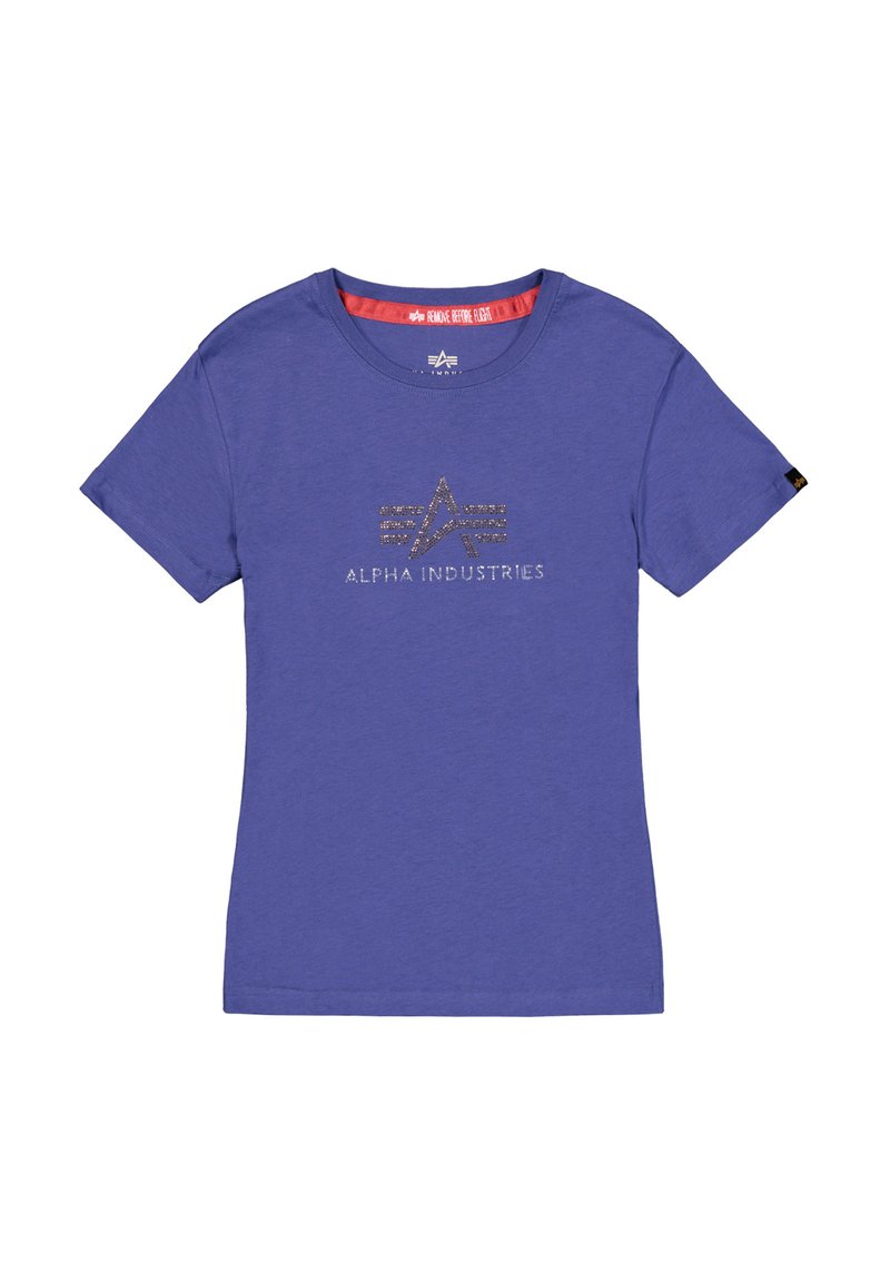 Lila T-Shirt aus weicher Baumwolle; mit einem metallischen Logo-Druck "ALPHA INDUSTRIES" und einem Stern-Design auf der Vorderseite. Kurze Ärmel.